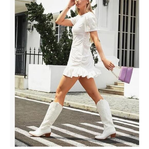 White Cowgirl Boots Embroidered Pull-On Chunky Stacked Heel Knee High SIZE 7 - Picture 4 of 6